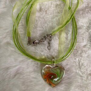 Green ribbon with green/peach pendant and green swirl earings